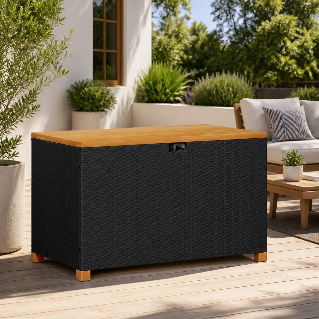 Garden Storage Box Bench Seat Outdoor 110 x 55 x 63 cm Black Poly Rattan Acacia Wood