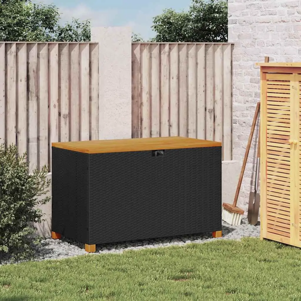 Garden Storage Box Bench Seat Outdoor 110 x 55 x 63 cm Black Poly Rattan Acacia Wood