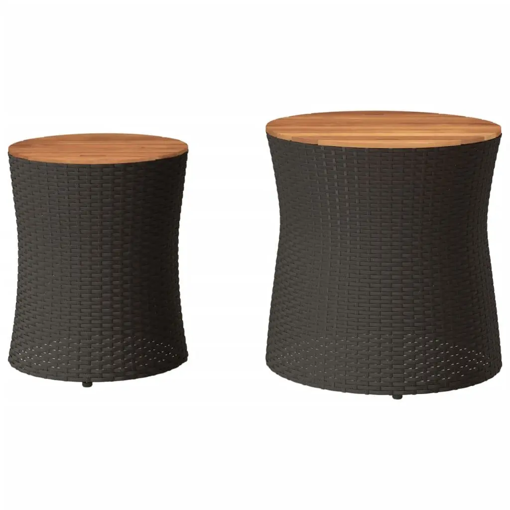 Garden Side Tables 2 Pieces Outdoor Patio Furniture Black Poly Rattan Wooden Top