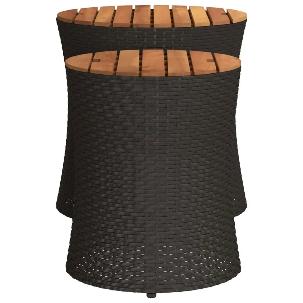 Garden Side Tables 2 Pieces Outdoor Patio Furniture Black Poly Rattan Wooden Top