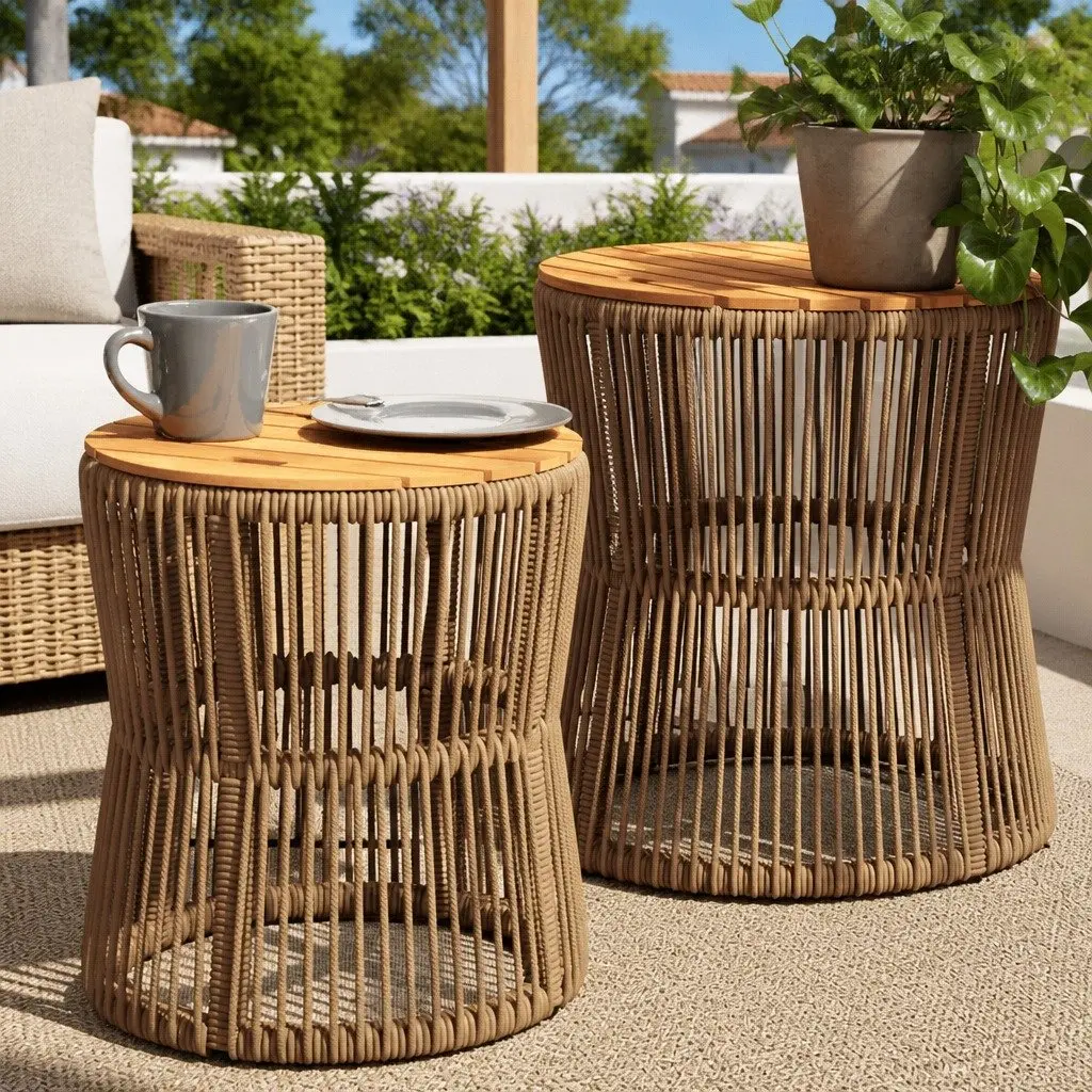 Garden Side Tables Set of 2 Outdoor Patio Furniture Beige Poly Rattan Wooden Top