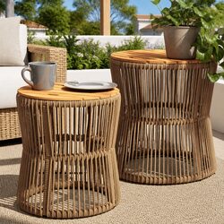Durable Outdoor Side Tables Set - Beige Poly Rattan