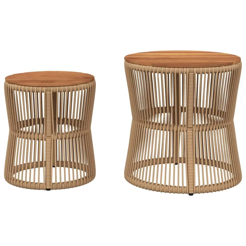 Garden Side Tables Set of 2 Outdoor Patio Furniture Beige Poly Rattan Wooden Top