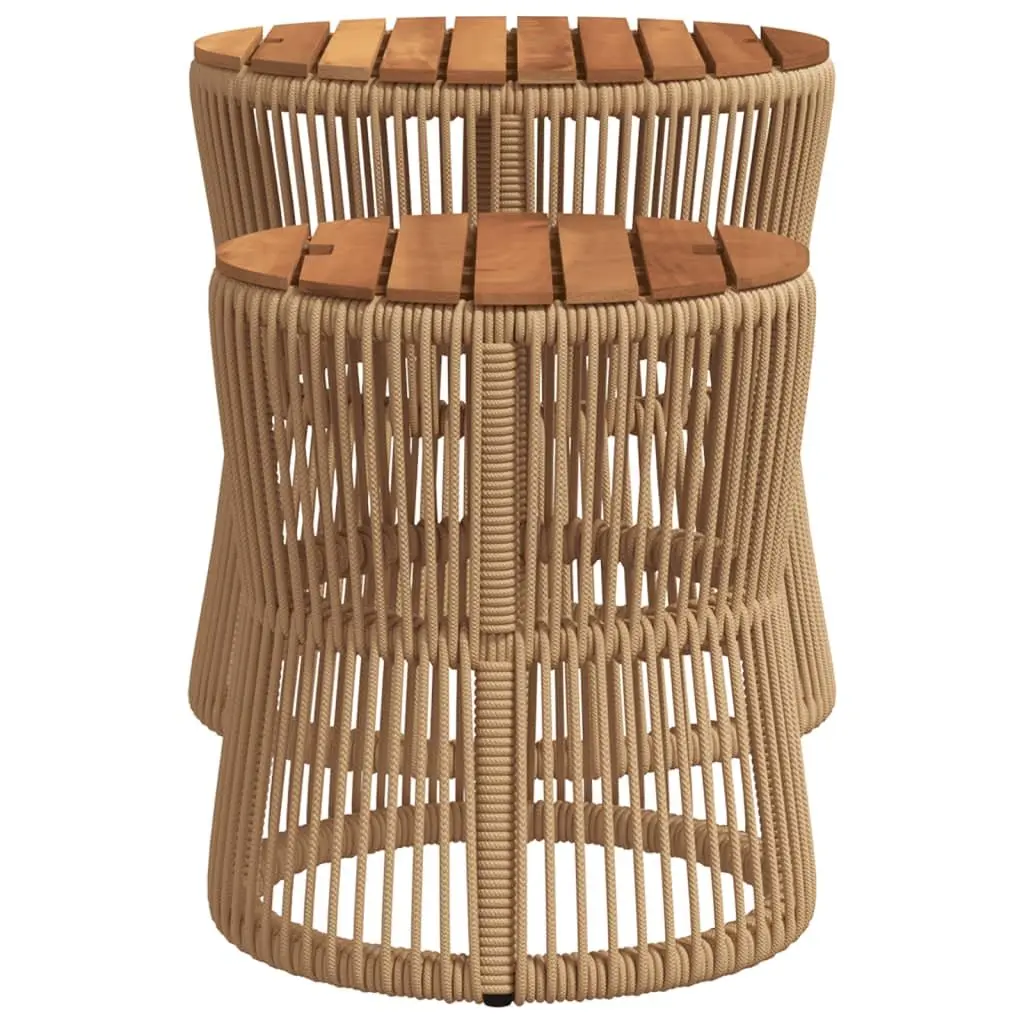 Garden Side Tables Set of 2 Outdoor Patio Furniture Beige Poly Rattan Wooden Top