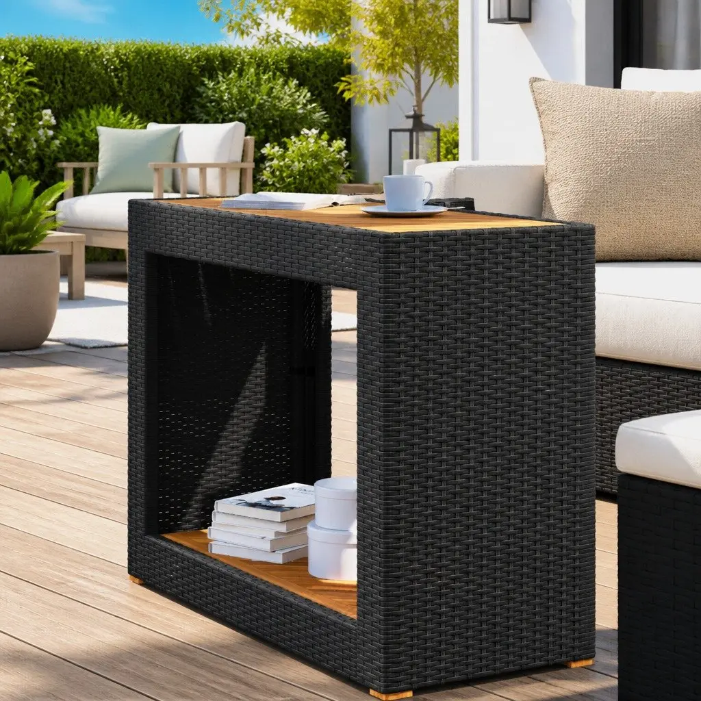 Garden Side Table Outdoor Use 100 x 40 x 75 cm Black Poly Rattan with Acacia Wood Top