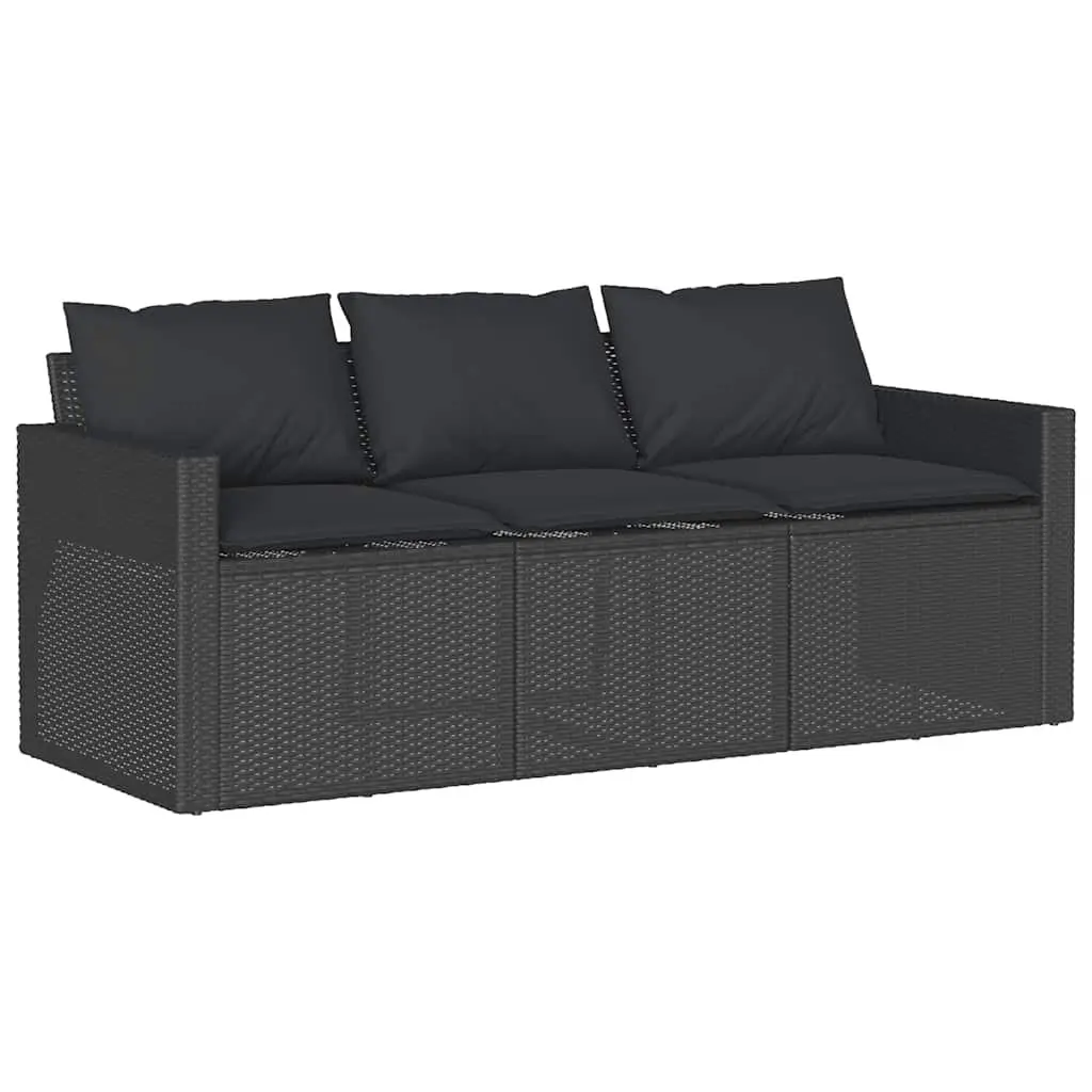 Garden Sofa 3-Seater Outdoor Patio Furniture Black Poly Rattan with Cushions