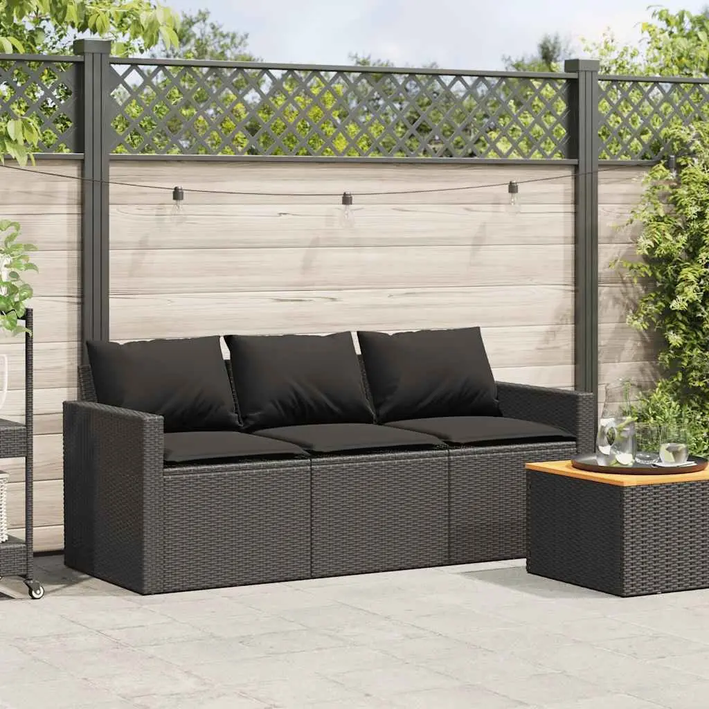 Garden Sofa 3-Seater Outdoor Patio Furniture Black Poly Rattan with Cushions