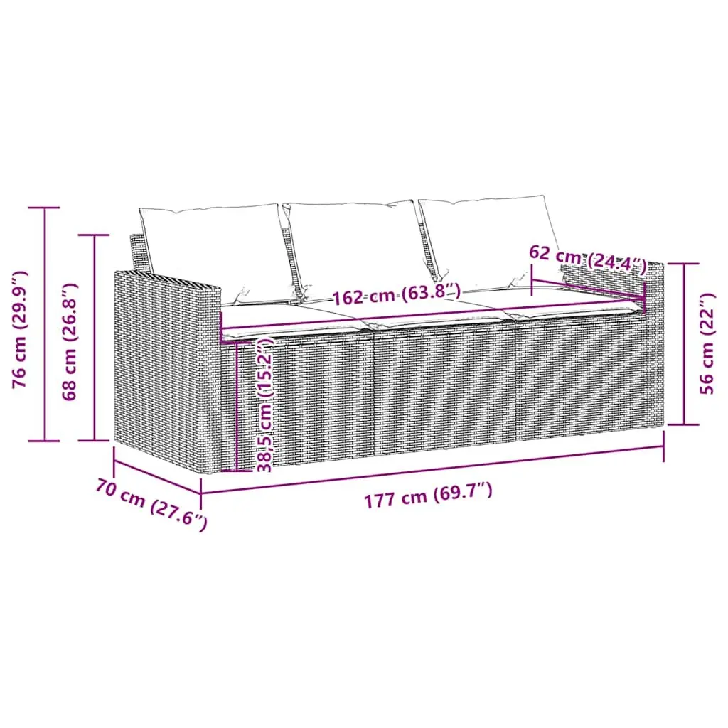 Garden Sofa 3-Seater Outdoor Patio Furniture Black Poly Rattan with Cushions
