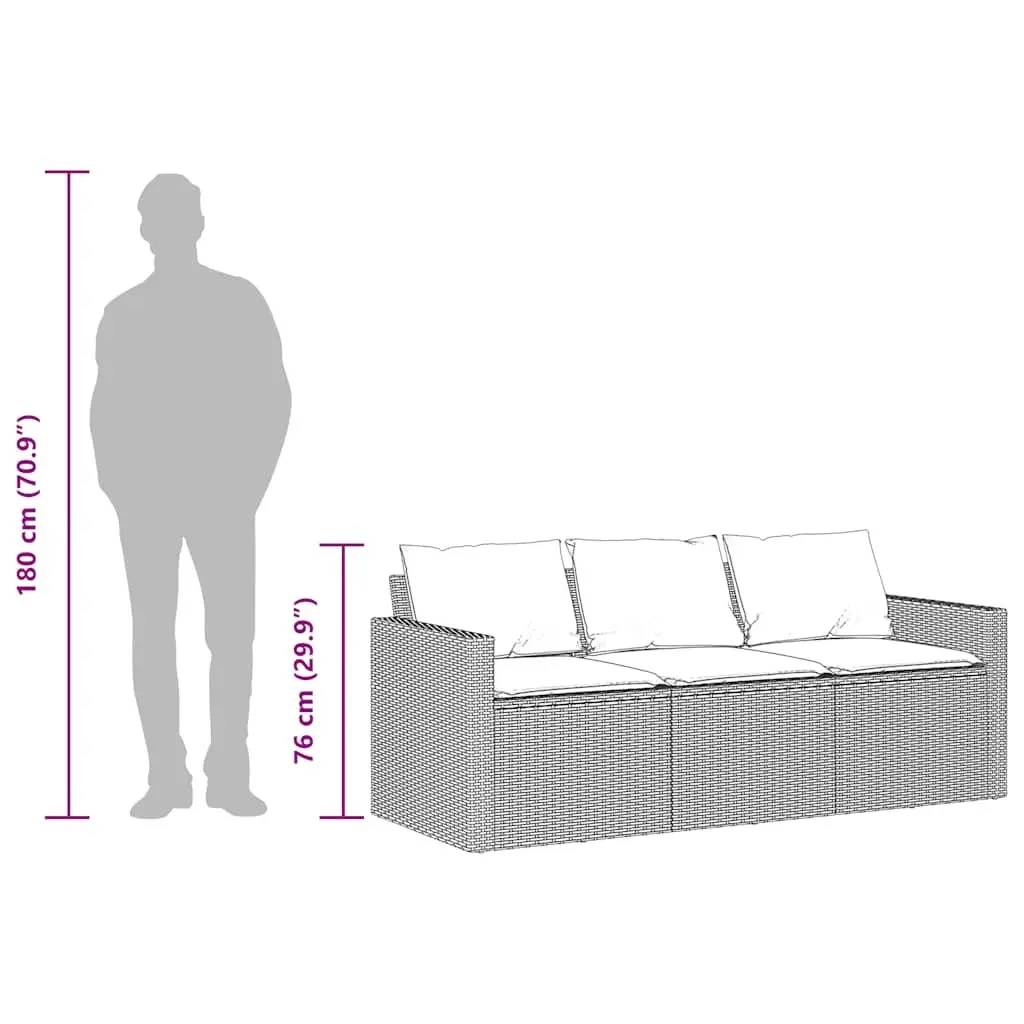 Garden Sofa 3-Seater Outdoor Patio Furniture Black Poly Rattan with Cushions