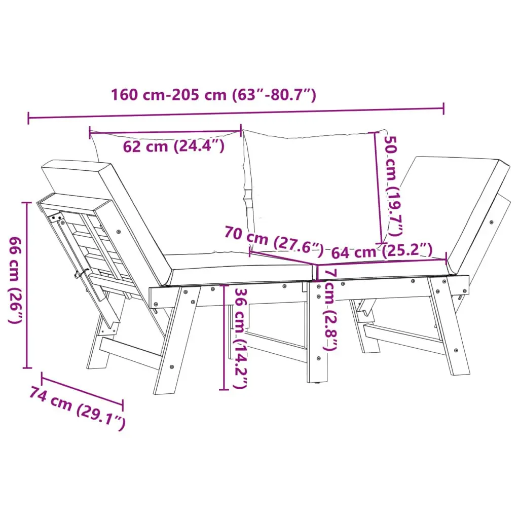 Garden Bench with Cushions 2-in-1 Convertible Day Bed Acacia Wood Outdoor Seat