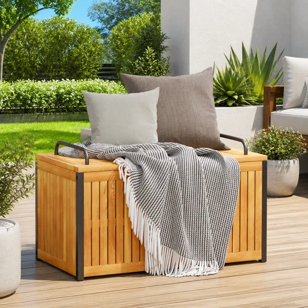 Cushion Storage Box Outdoor Organiser 85x45x45/53 cm Brown Acacia Wood Steel Handle