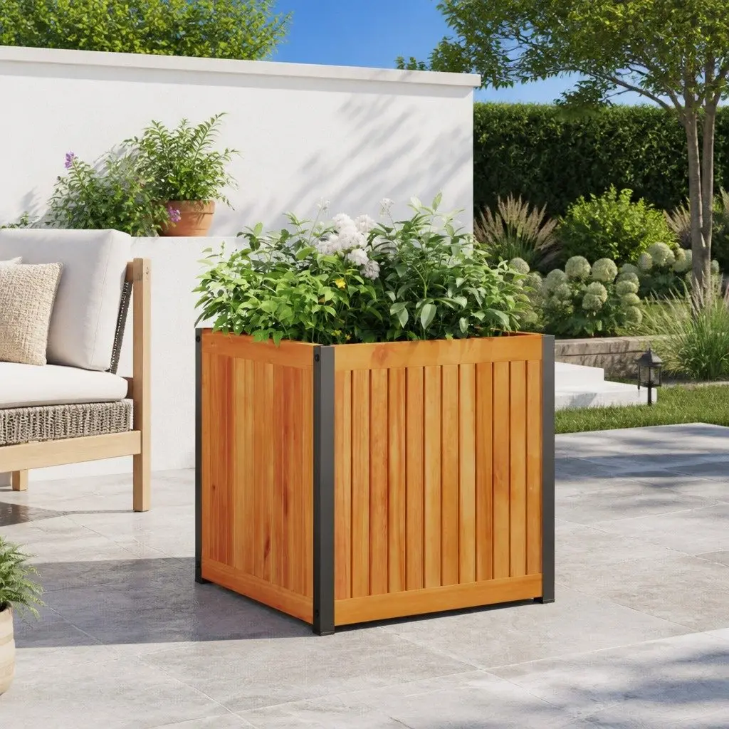 Garden Planter Box Indoor Outdoor 45x45x44 cm Solid Wood Acacia Steel Frame Brown