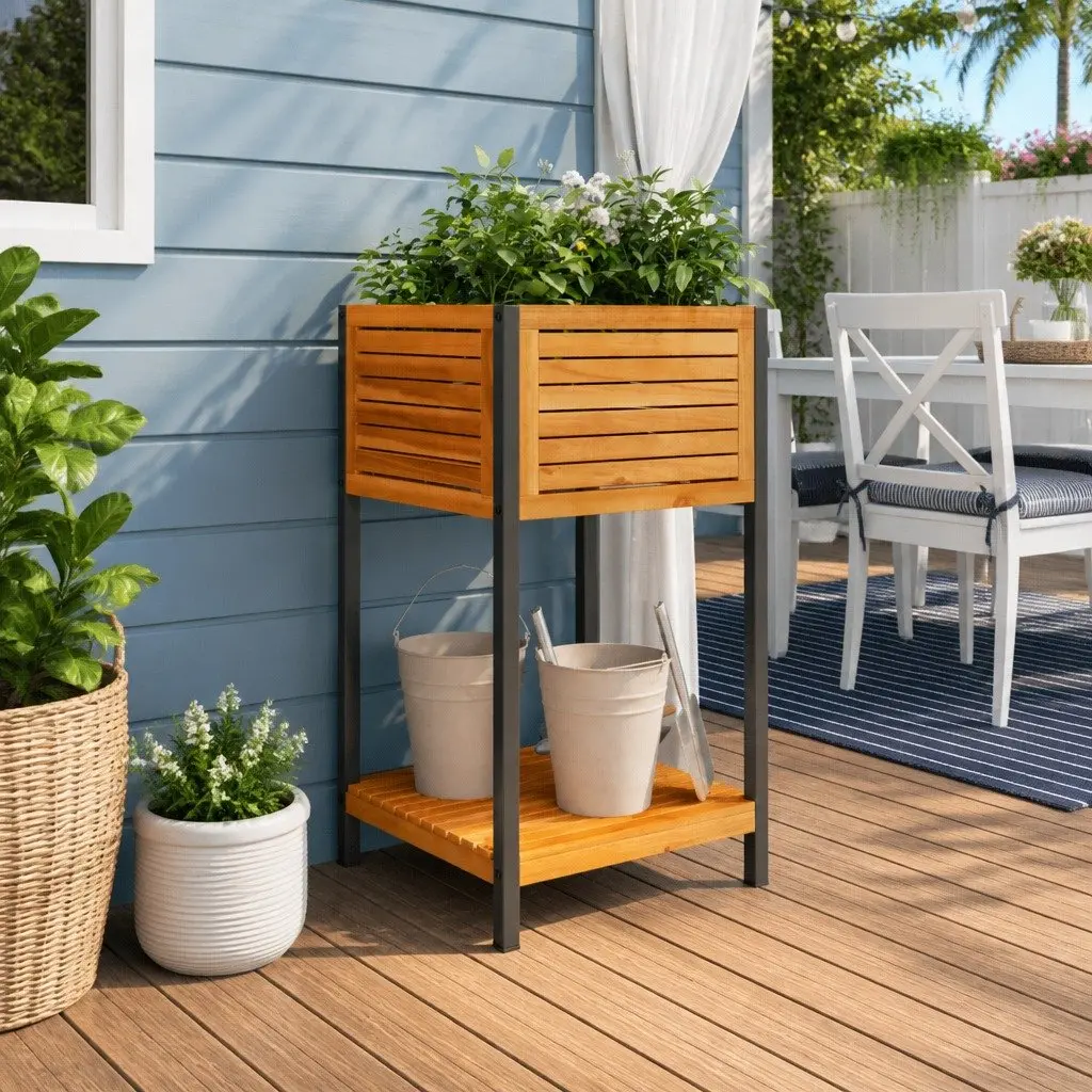 Garden Planter Indoor Outdoor Wooden Flower Box with Shelf 45x45x80cm Brown