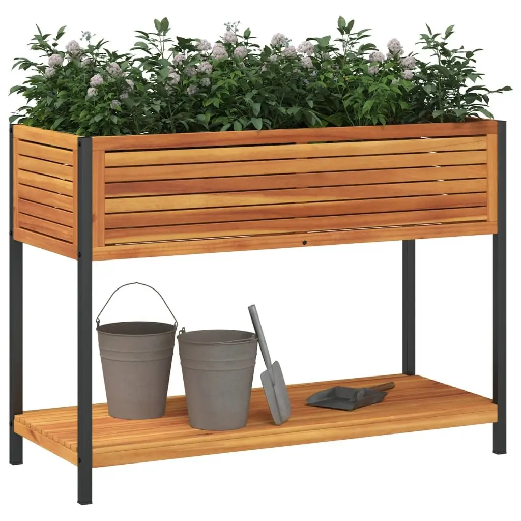 Garden Planter with Shelf 110x45x80 cm Wooden Acacia Steel Frame Brown