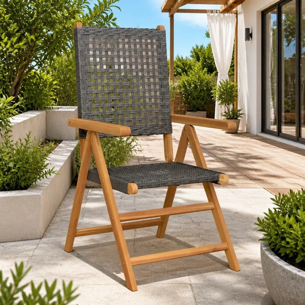Folding Garden Chairs 2 pcs Reclining Black Acacia Wood PE Rattan Outdoor Seating