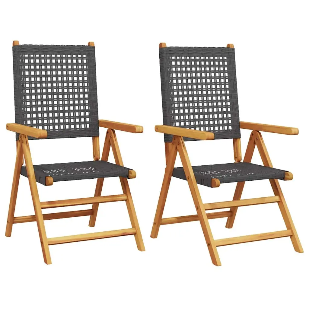 Folding Garden Chairs 2 pcs Reclining Black Acacia Wood PE Rattan Outdoor Seating