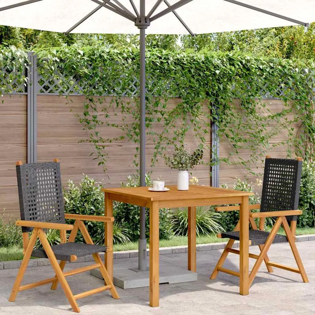 Folding Garden Chairs 2 pcs Reclining Black Acacia Wood PE Rattan Outdoor Seating