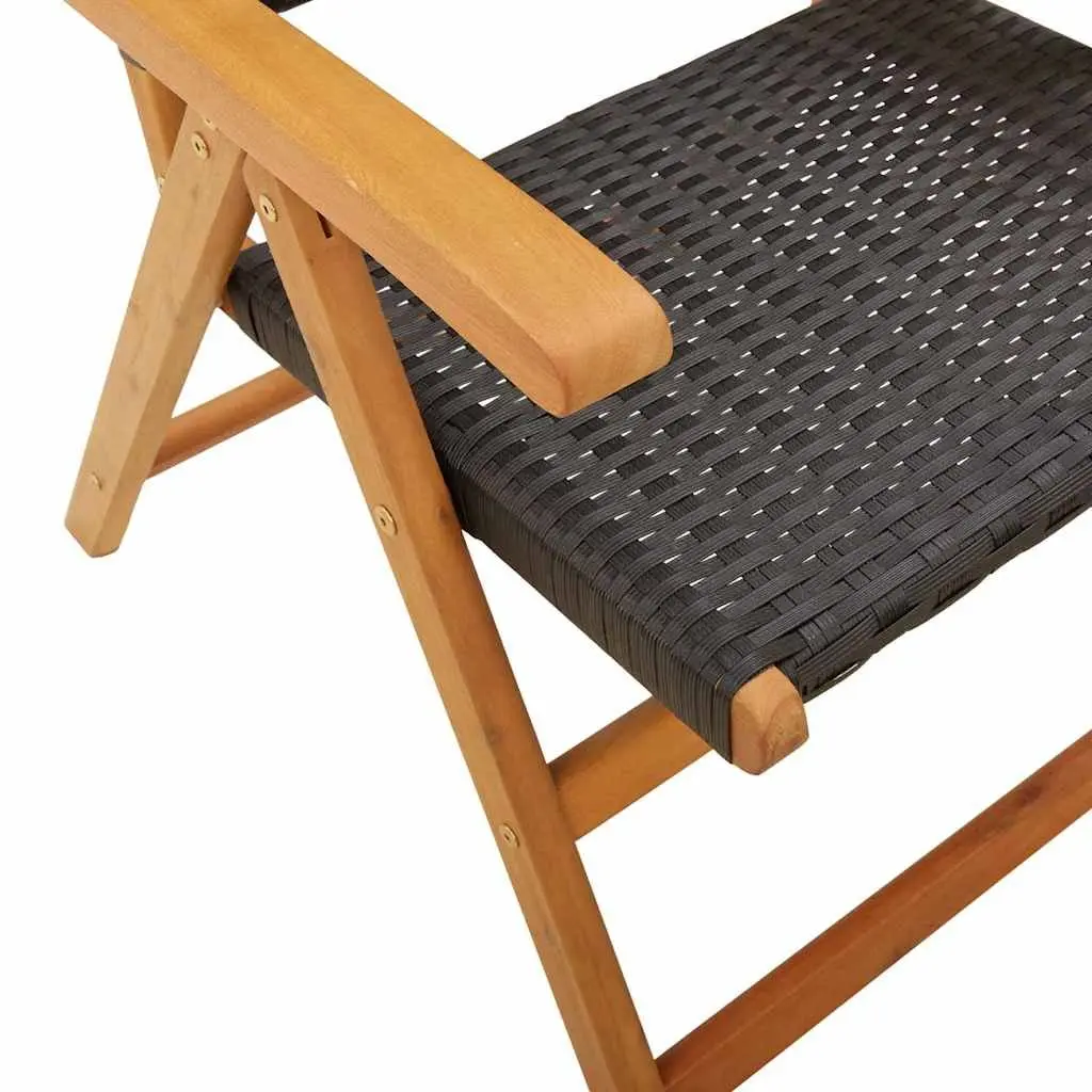 Folding Garden Chairs 2 pcs Reclining Black Acacia Wood PE Rattan Outdoor Seating