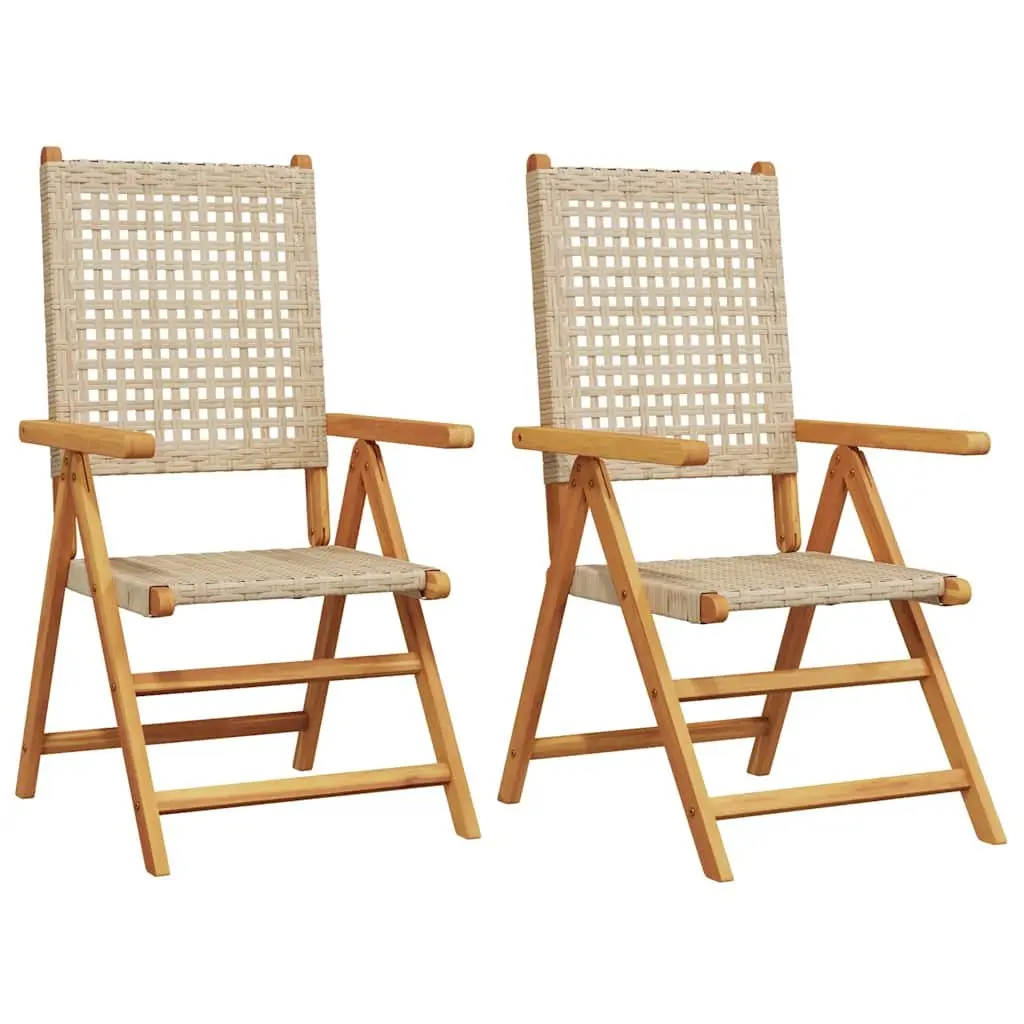 Reclining Folding Garden Chairs 2 Piece Beige Acacia Wood PE Rattan Outdoor