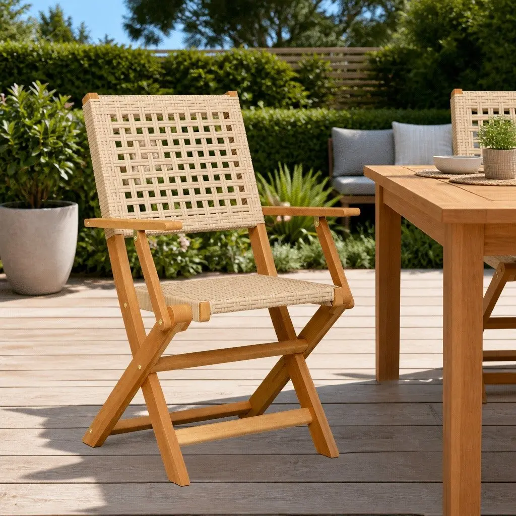 Outdoor Chairs Foldable Garden Seating 2 pcs Beige Acacia Wood Poly Rattan
