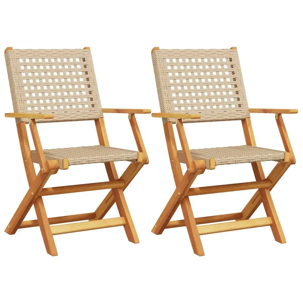 Outdoor Chairs Foldable Garden Seating 2 pcs Beige Acacia Wood Poly Rattan