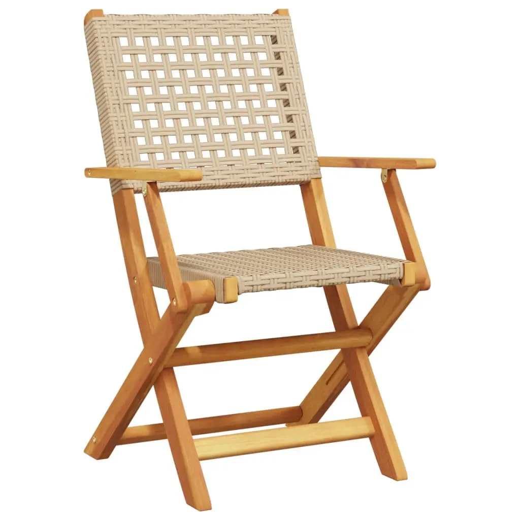 Outdoor Chairs Foldable Garden Seating 2 pcs Beige Acacia Wood Poly Rattan