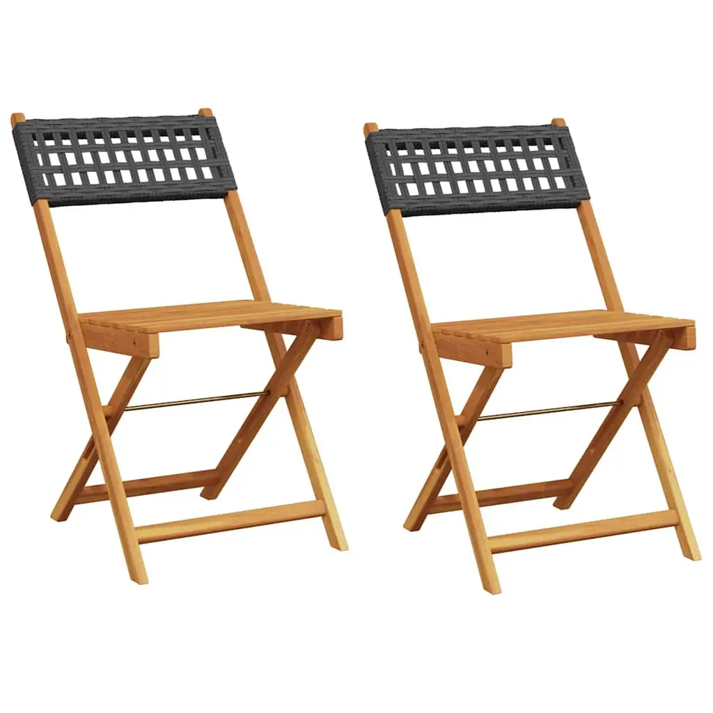 Bistro Chairs Set 2 pcs Foldable Outdoor Seating Black Acacia Wood Poly Rattan Garden Patio Furniture