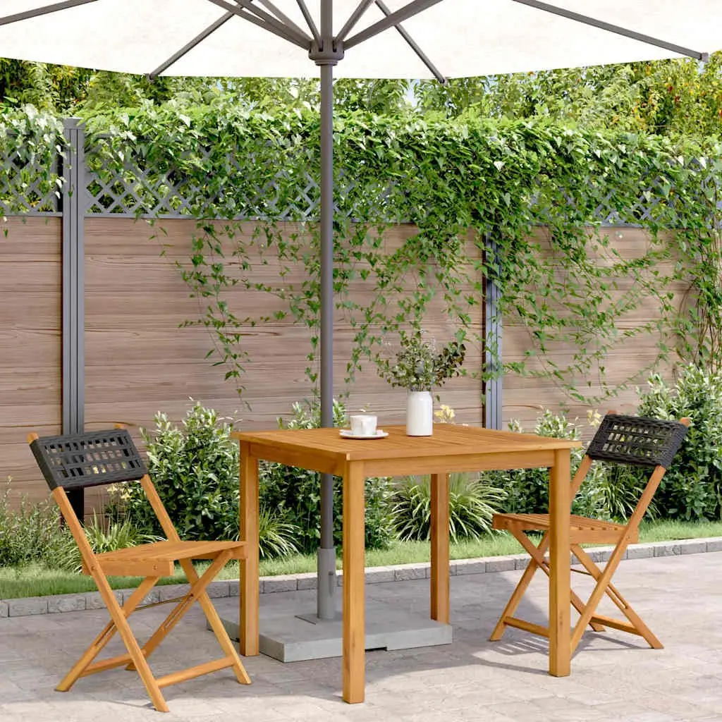 Bistro Chairs Set 2 pcs Foldable Outdoor Seating Black Acacia Wood Poly Rattan Garden Patio Furniture