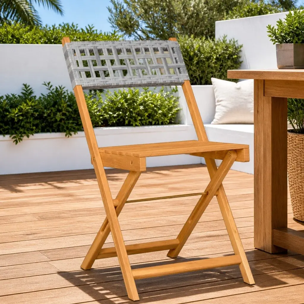 Bistro Chairs Outdoor Folding Garden Seating 2 pcs Grey Acacia Wood Rattan