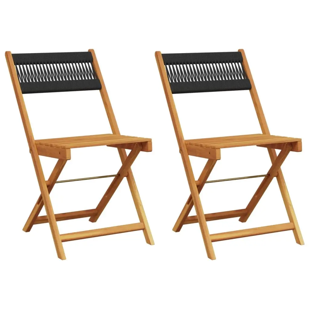 Outdoor Bistro Chairs 2 pcs Black Solid Wood Acacia Rope Backrest Folding