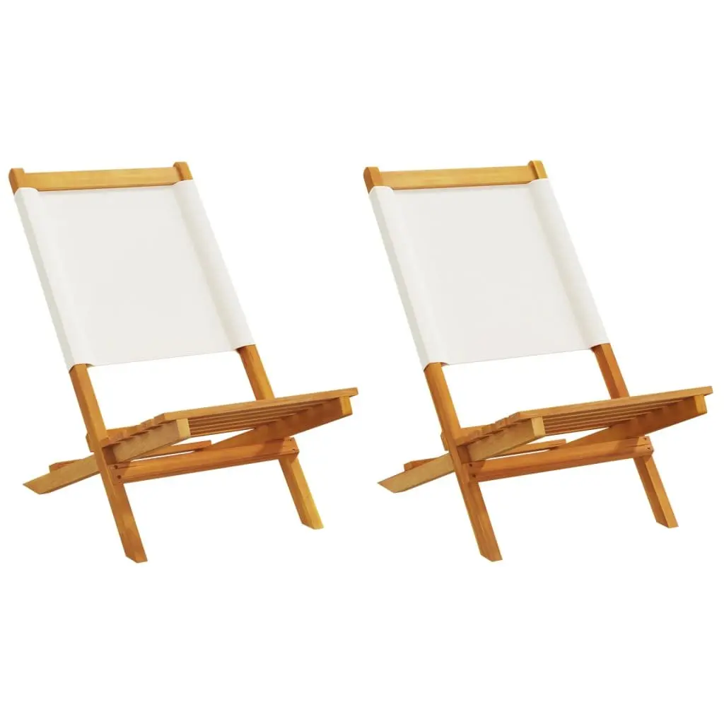 Folding Outdoor Garden Chairs Set 2 pcs Backrest White Acacia Wood Fabric