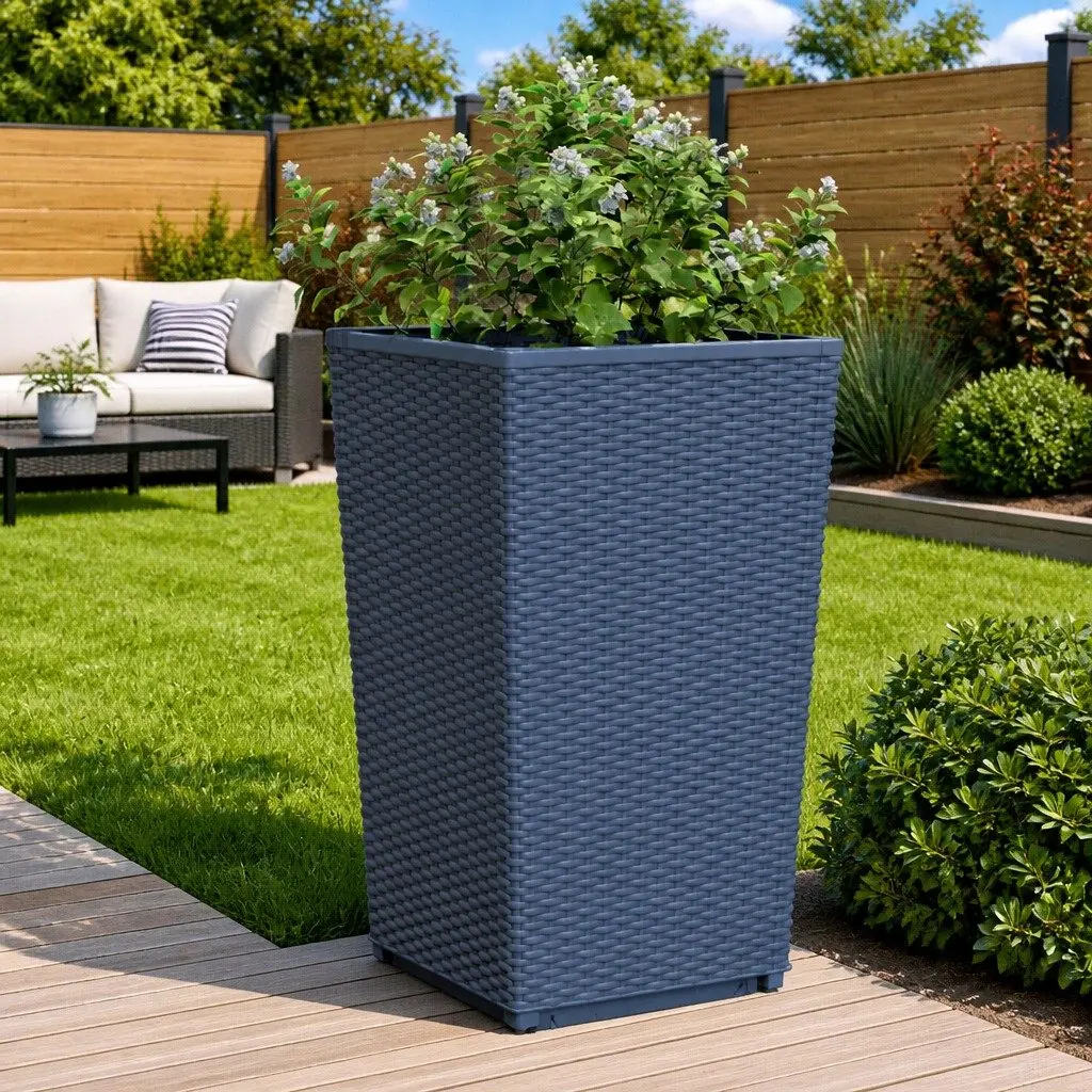 Garden Planters Outdoor Pot Rattan Look 32.5x57cm Grey 2 Piece Set