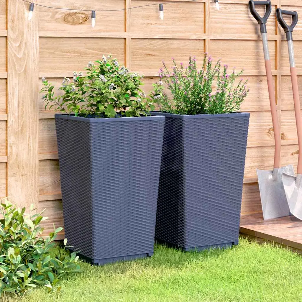 Garden Planters Outdoor Pot Rattan Look 32.5x57cm Grey 2 Piece Set