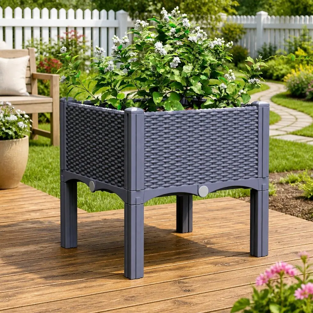 Garden Planter Box Outdoor Raised Plant Pot Grey Rattan Look 40 x 40 x 42 cm
