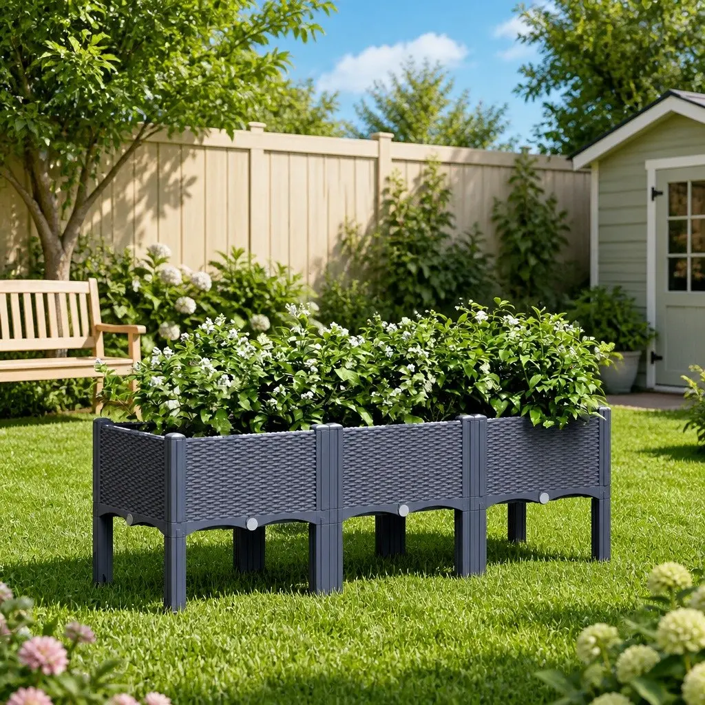 Garden Planter Box Elevated Outdoor Grey Rattan Look 120 x 40 x 42 cm