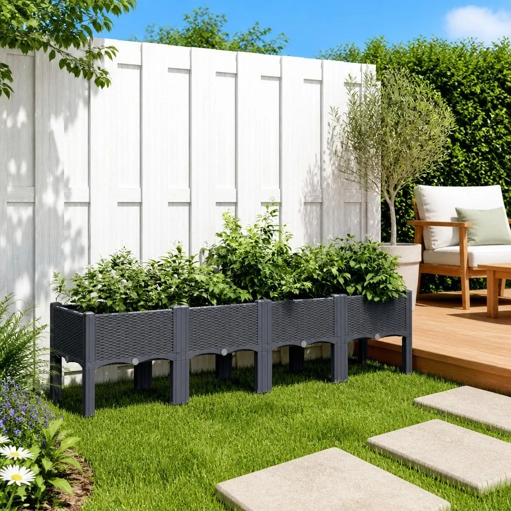 Garden Planter with Legs Grey Rattan Look Elevated Design Outdoor Patio Flowers