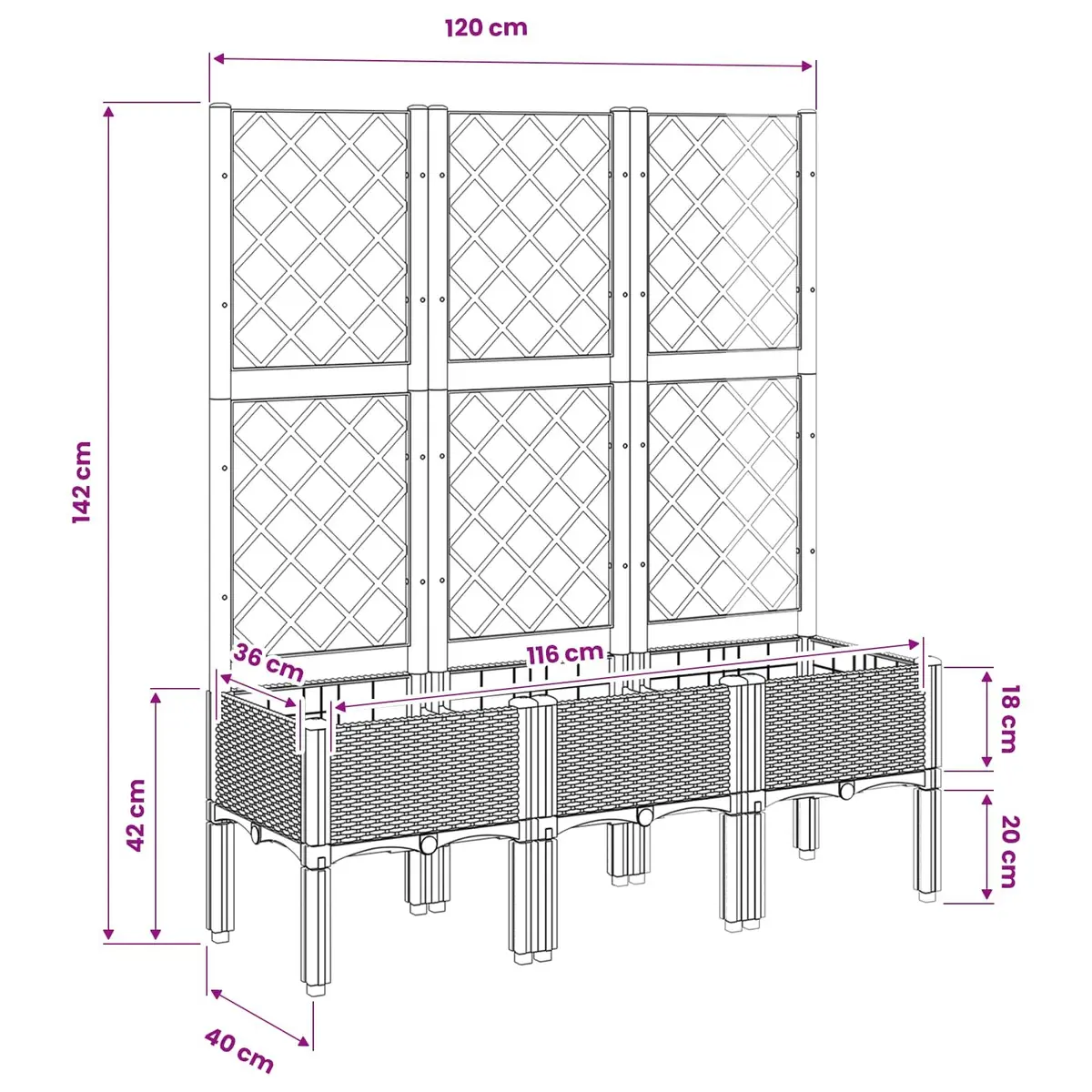 Garden Planter Trellis Support Outdoor Patio Climbing Plants Grey 120 x 40 x 142 cm