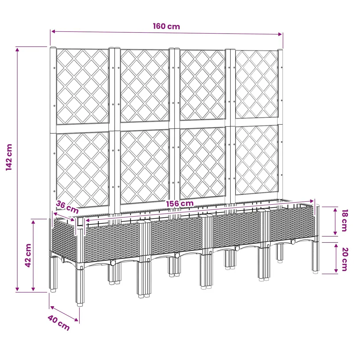Garden Planter Trellis Support for Climbing Plants 160x40x142cm Grey