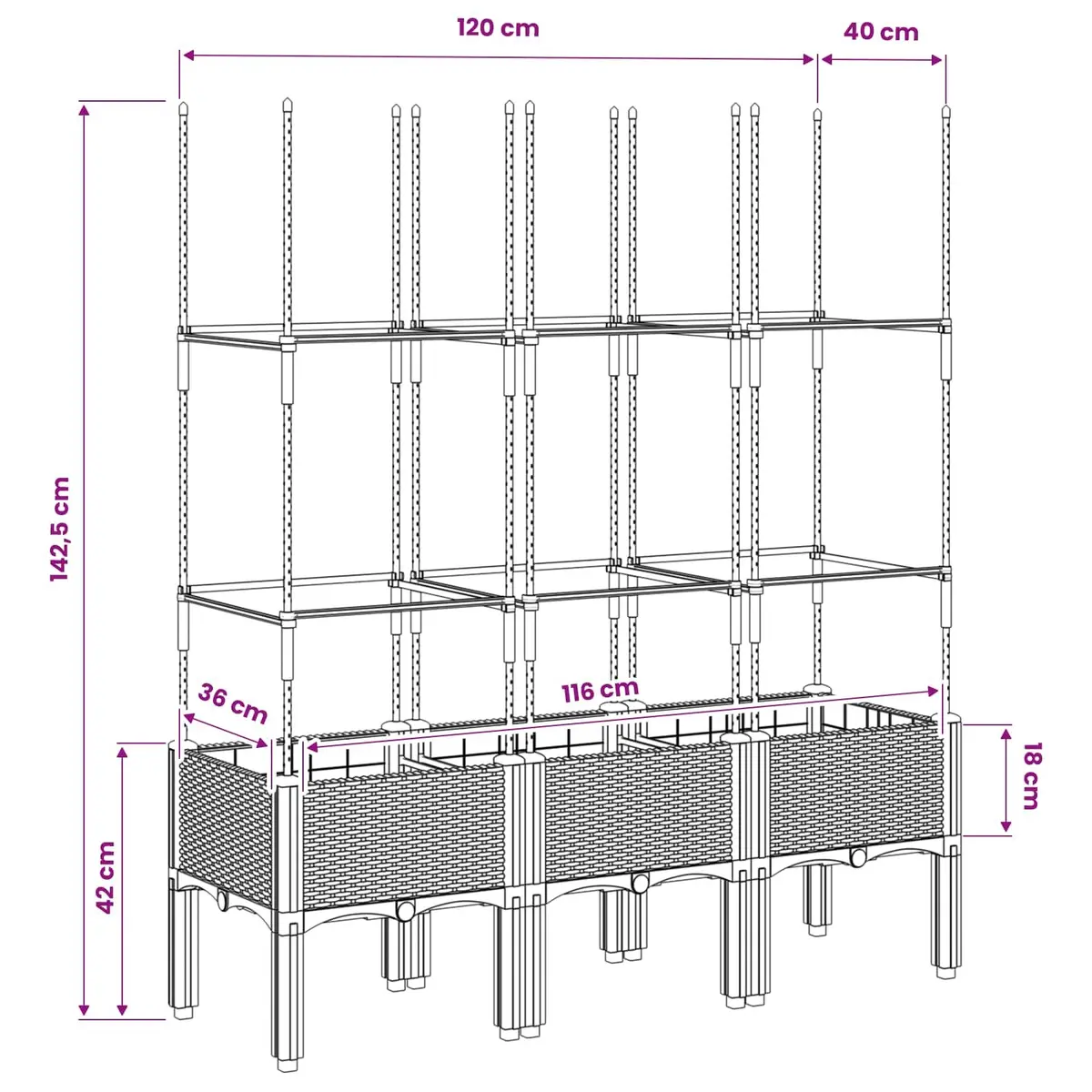 Garden Planter Trellis Support Climbing Plants 120 x 40 x 142.5 cm Grey