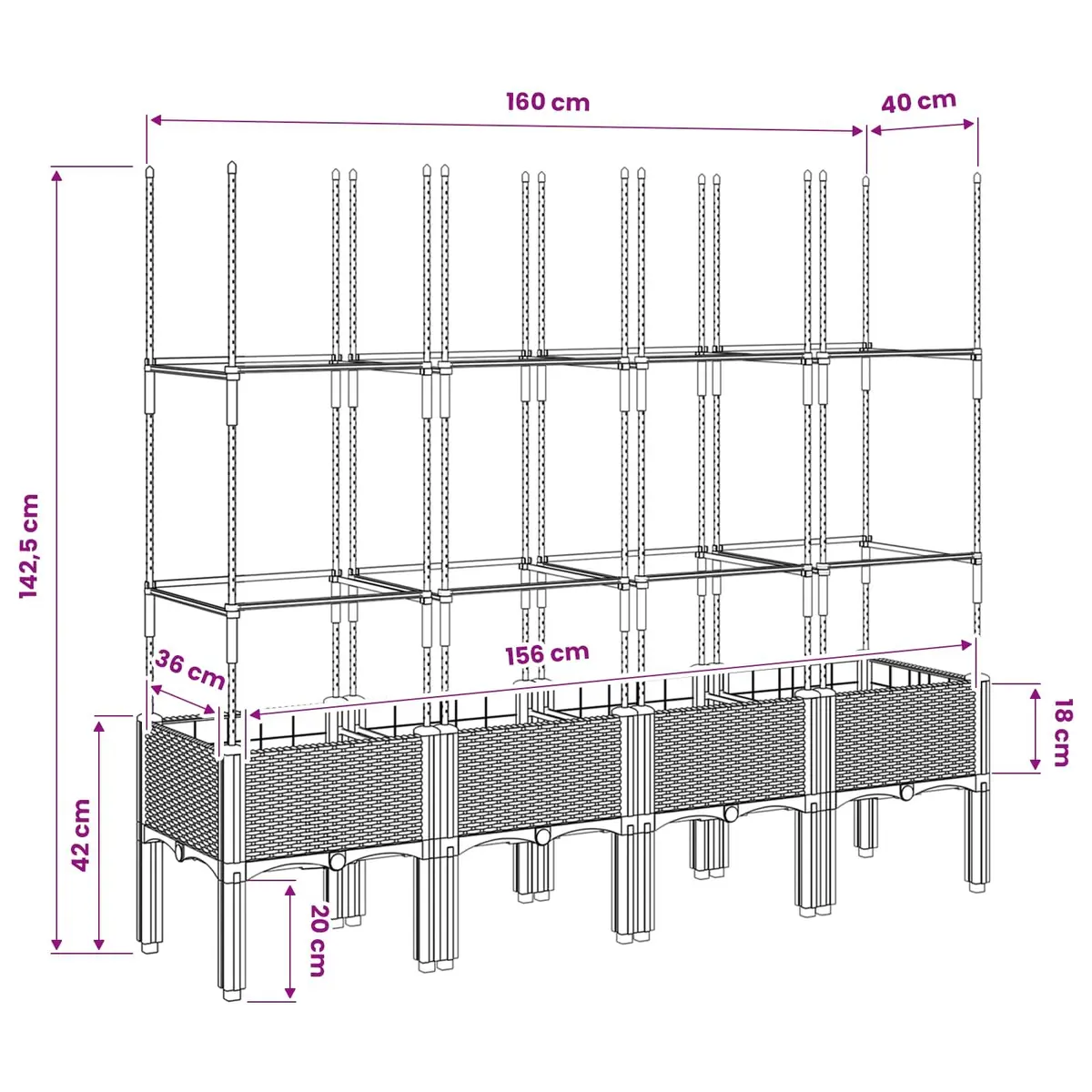 Garden Planter Trellis Support for Climbing Plants 160 x 40 x 142.5 cm Grey
