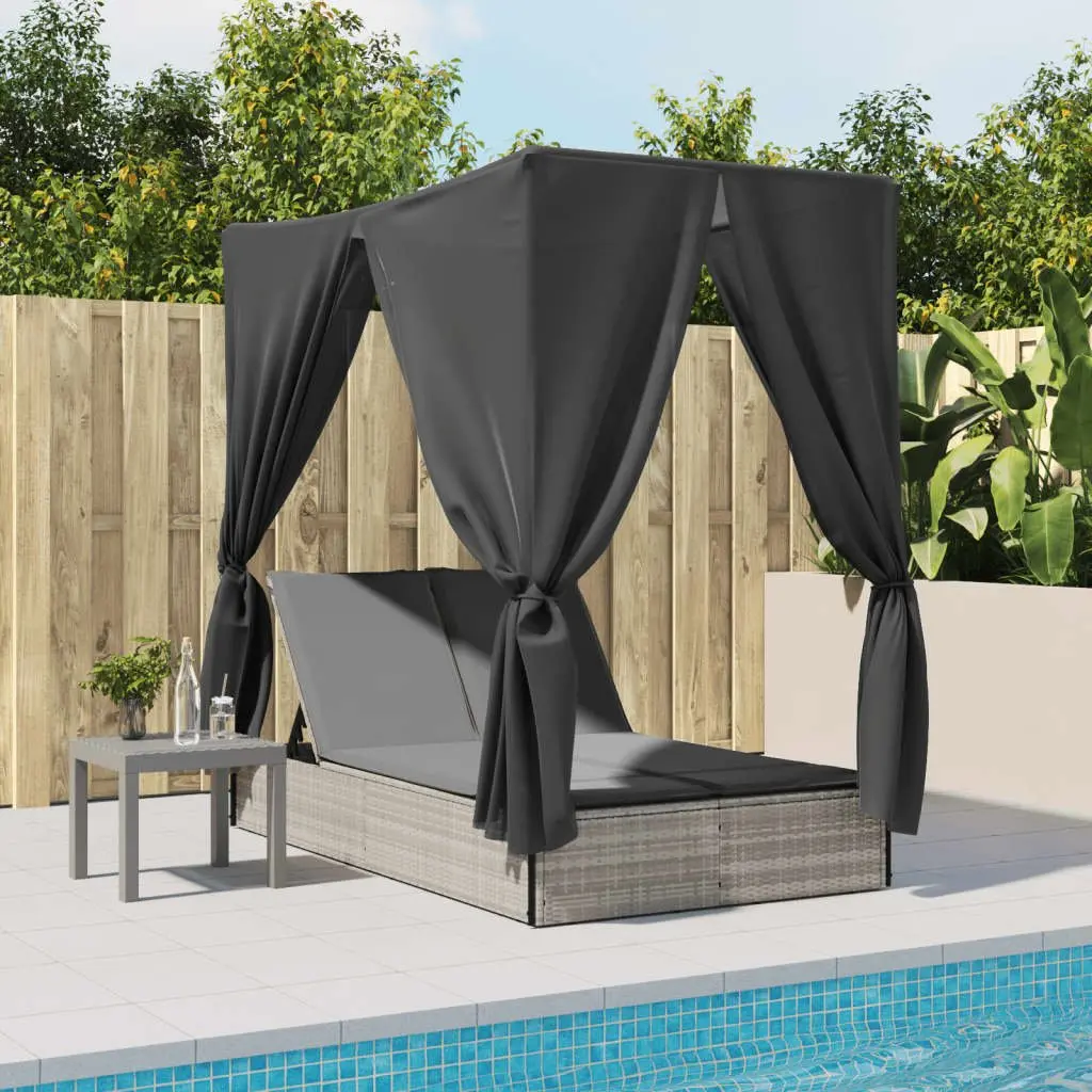Double Sun Lounger Outdoor Furniture with Adjustable Backrest Roof Curtains Grey