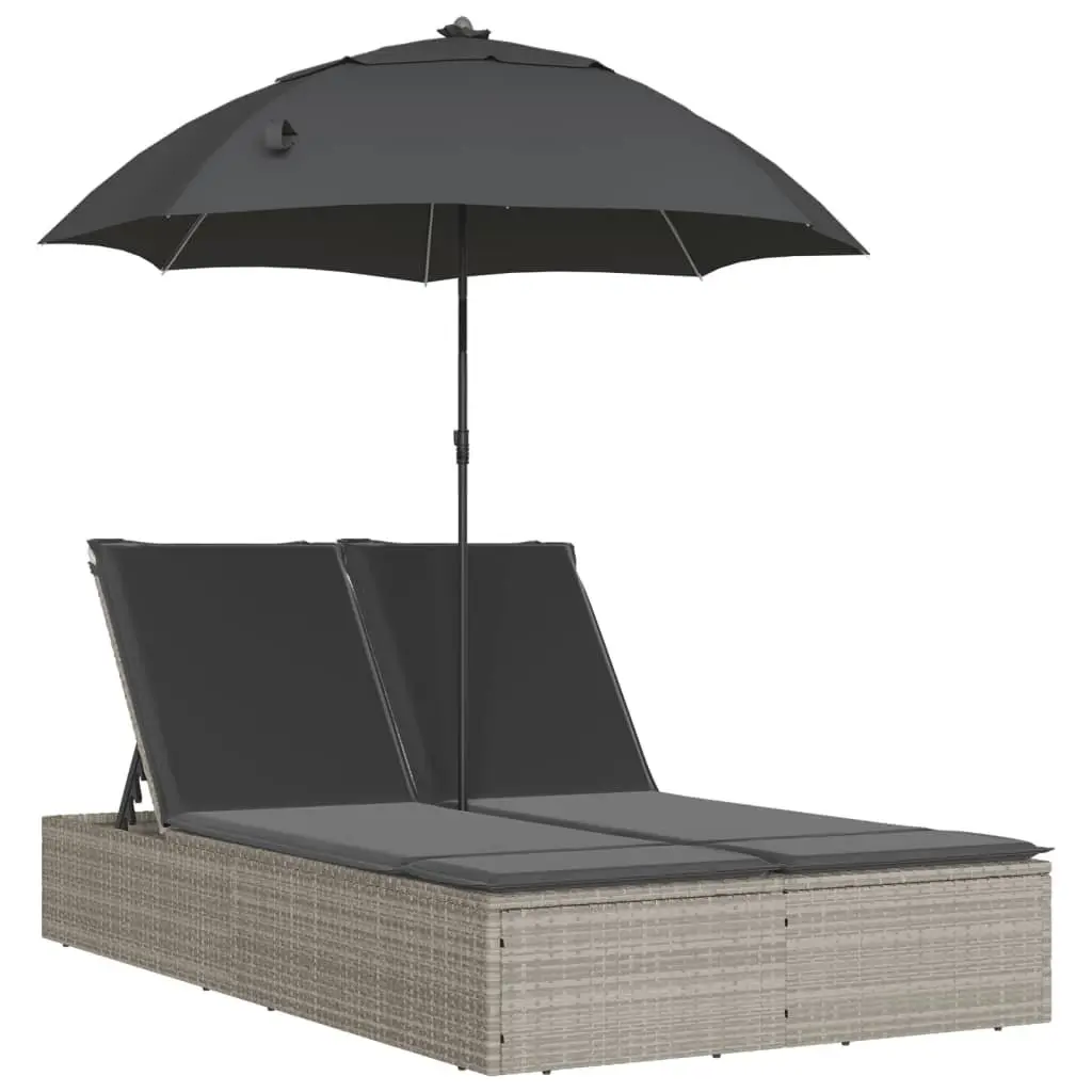 Double Sun Lounger Outdoor Garden Furniture Adjustable Backrest Parasol Grey Rattan