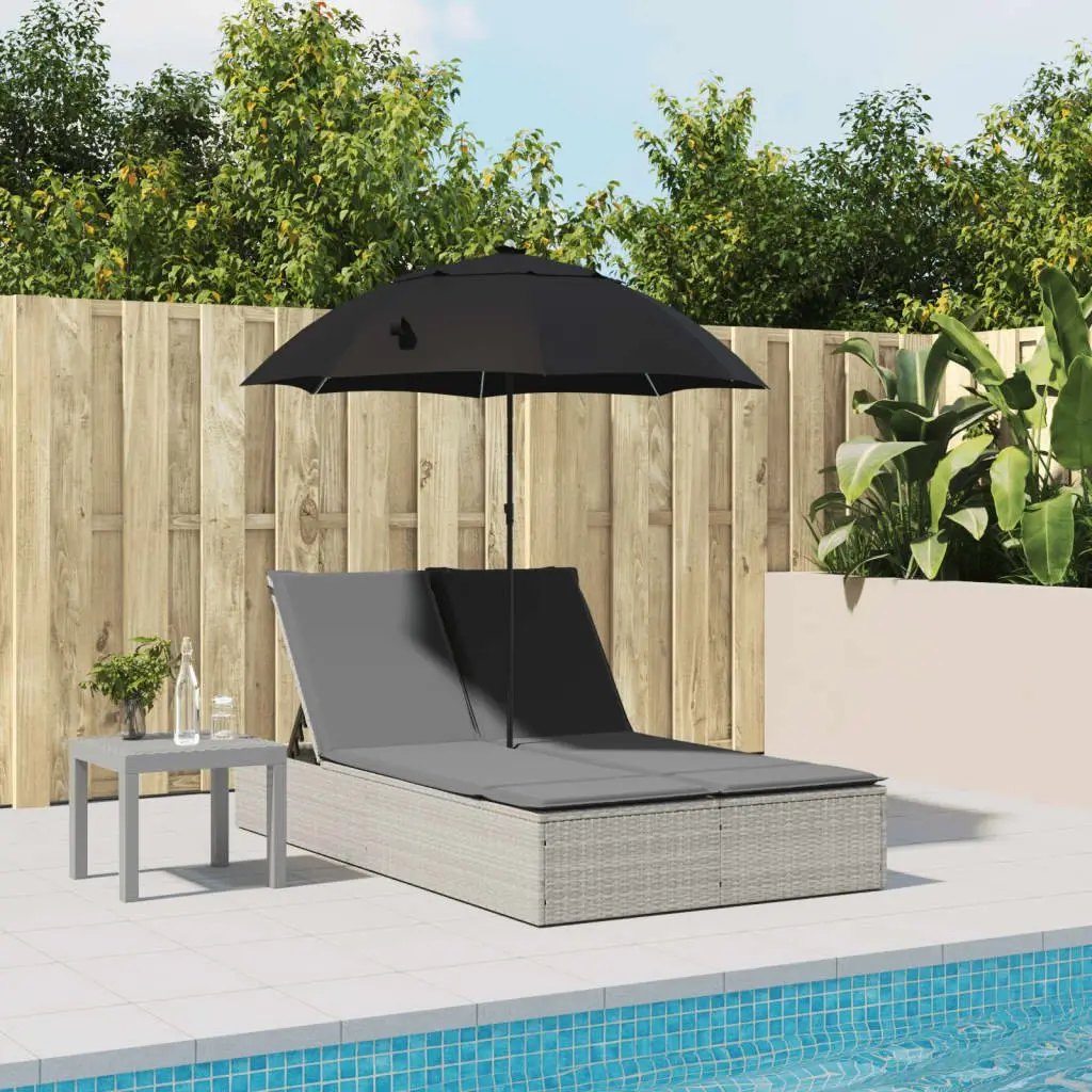 Double Sun Lounger Outdoor Garden Furniture Adjustable Backrest Parasol Grey Rattan