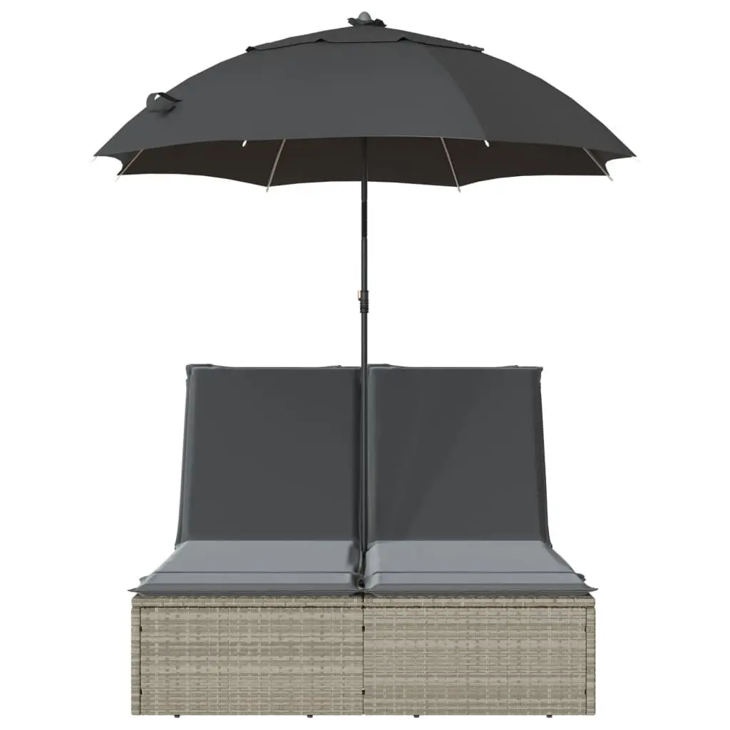 Double Sun Lounger Outdoor Garden Furniture Adjustable Backrest Parasol Grey Rattan