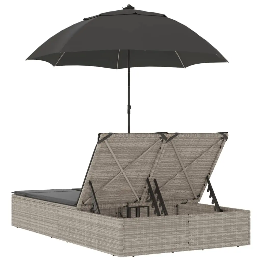 Double Sun Lounger Outdoor Garden Furniture Adjustable Backrest Parasol Grey Rattan