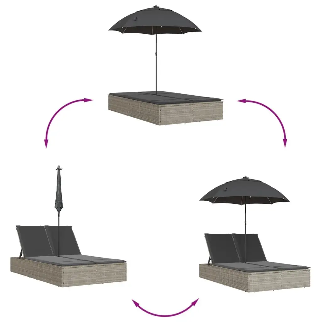 Double Sun Lounger Outdoor Garden Furniture Adjustable Backrest Parasol Grey Rattan