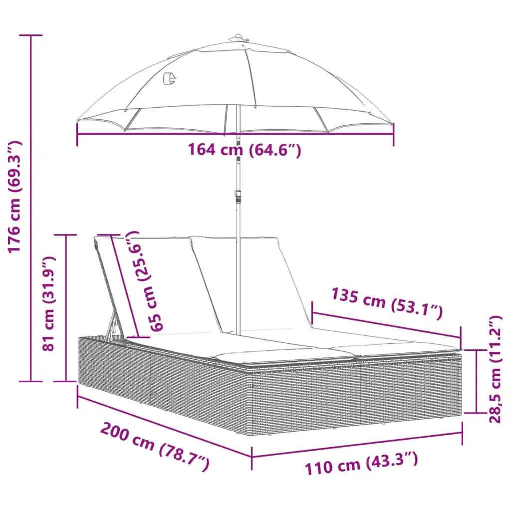 Double Sun Lounger Outdoor Garden Furniture Adjustable Backrest Parasol Grey Rattan