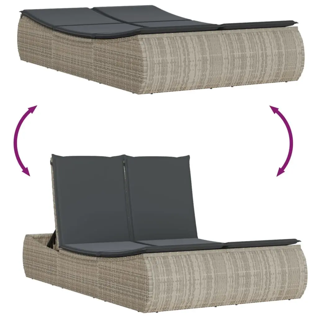 Double Sun Lounger Outdoor Furniture Adjustable Backrest Grey Poly Rattan