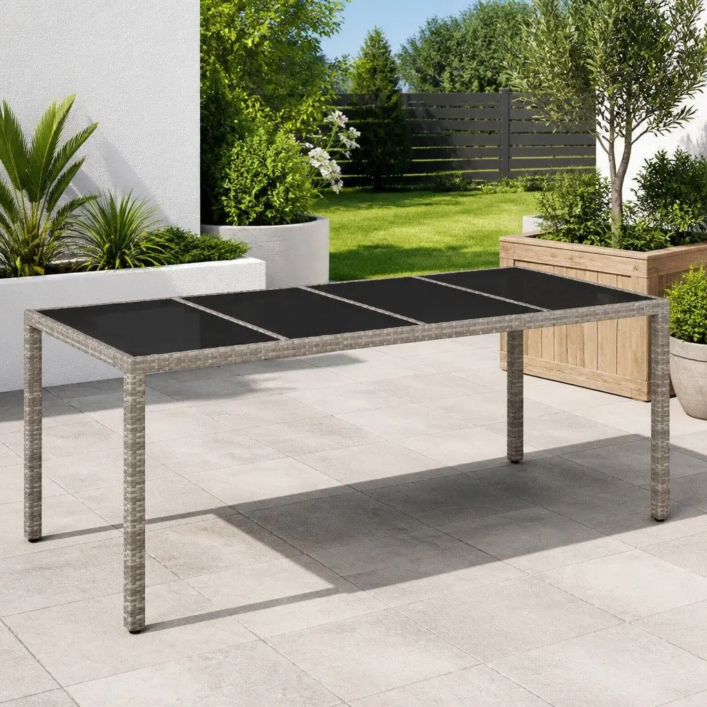 Garden Dining Table Outdoor Furniture 190x90x75cm Grey Poly Rattan Glass Top