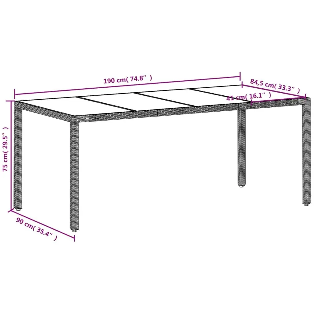 Garden Dining Table Outdoor Furniture 190x90x75cm Grey Poly Rattan Glass Top